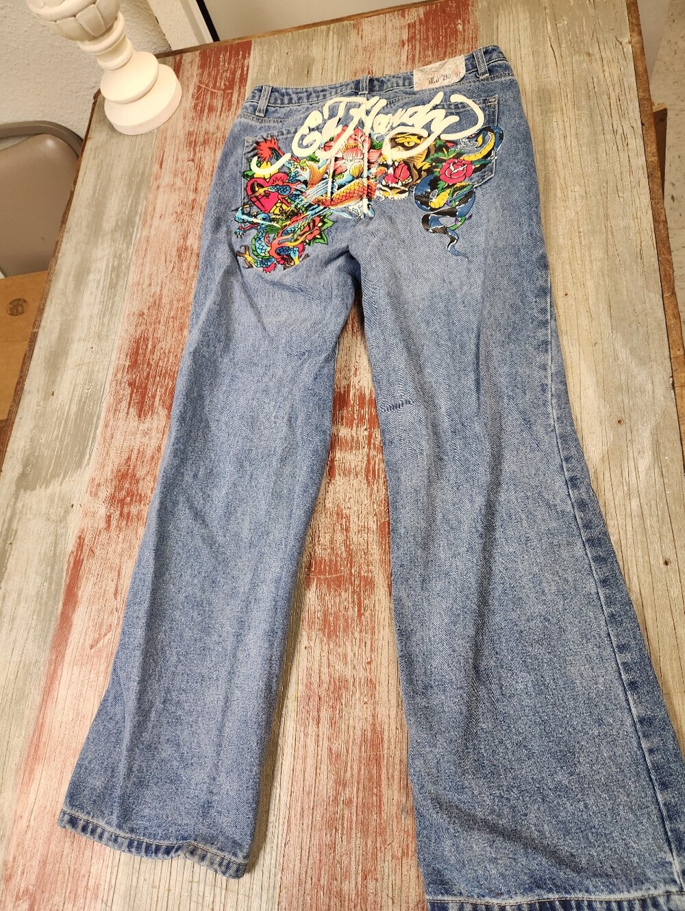 Ed Hardy Dragon Koi Tiger Tattoo Graphic Baggy Wide Leg Jeans Size 30 - Picture 2 of 14